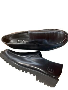 Paul Green Black Leather Lug-Sole Slip-On Loafers 5.5